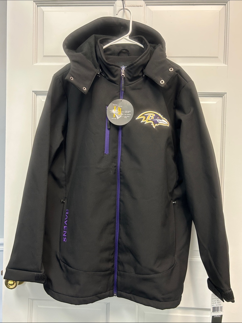 NWT NFL Soft Shell Baltimore Ravens Water Resistant Coat Fleece Lining & Hood XL
